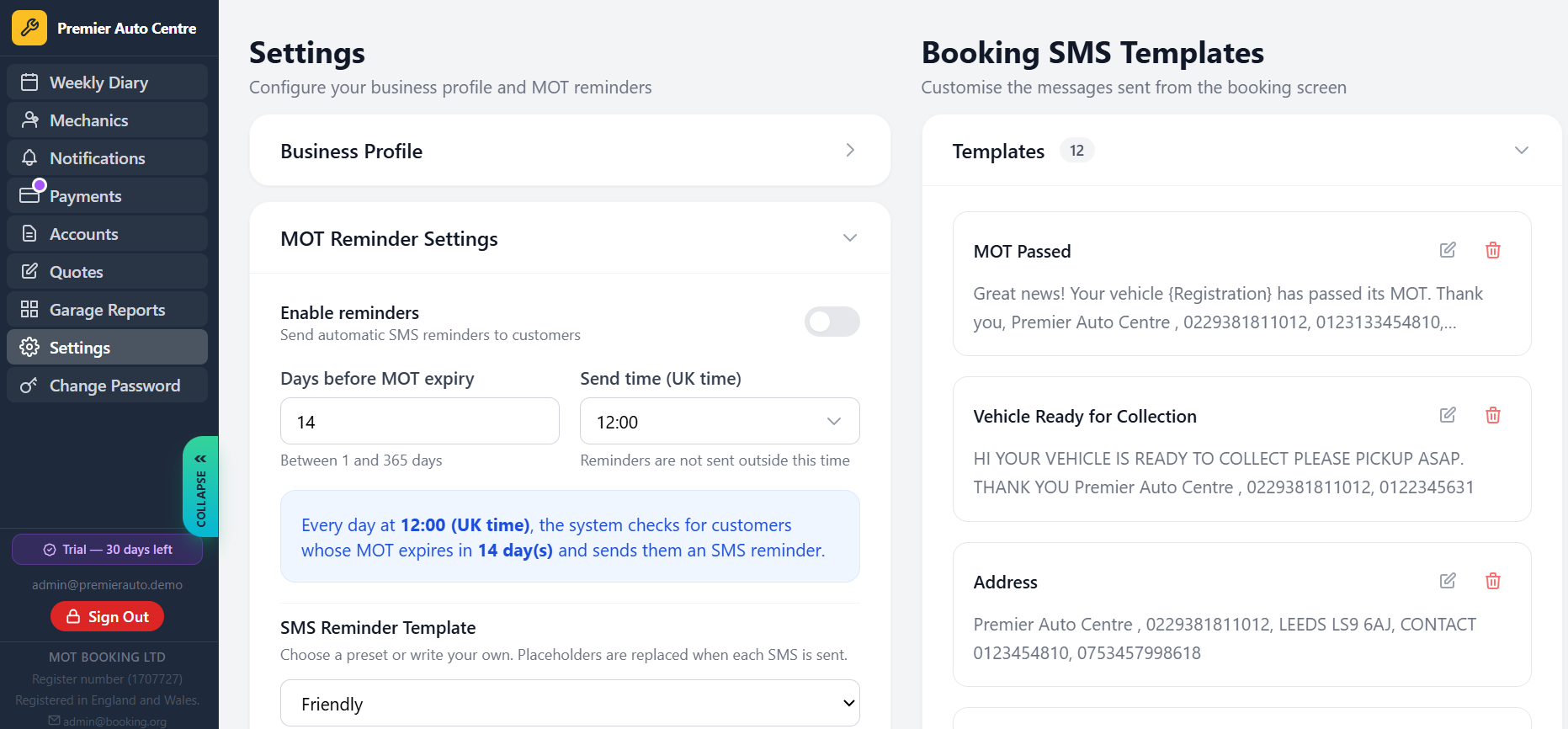 Settings & SMS Templates